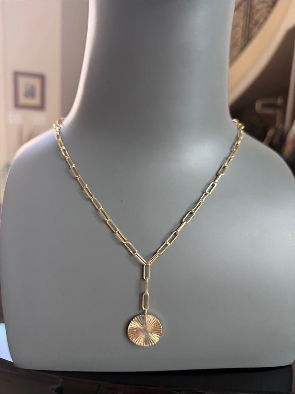 Gold Link Chain Necklace with Radiant Disc Pendant